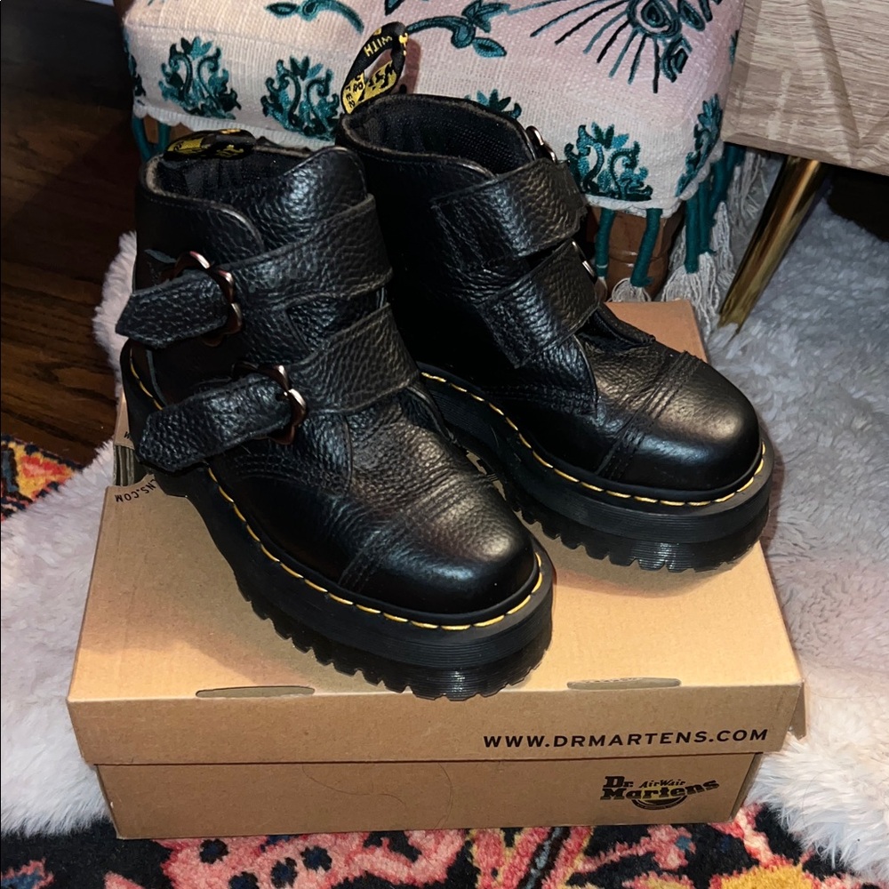 Dr. Martens Black Combat Boots with Yellow Stitching